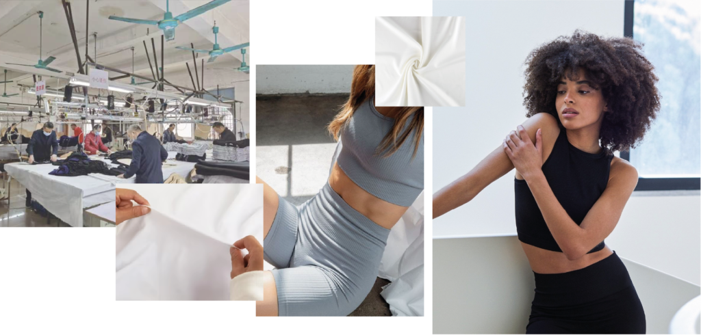 Yoga wear factory, fabrics, and variety.